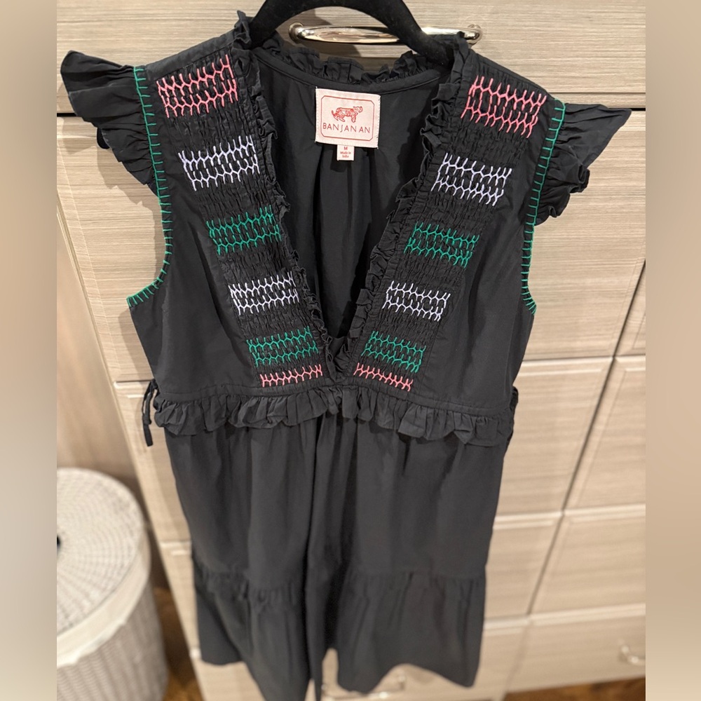 Banjanan Black Dress with Green and White Embroidery